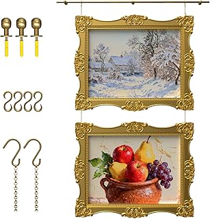 Gold Brass Gallery Rail Kit, Picture Rail Hanging System, Indoor Art Picture Hanging Track and Photo Display Rod, Metal Picture Hangers with Chain and Hooks