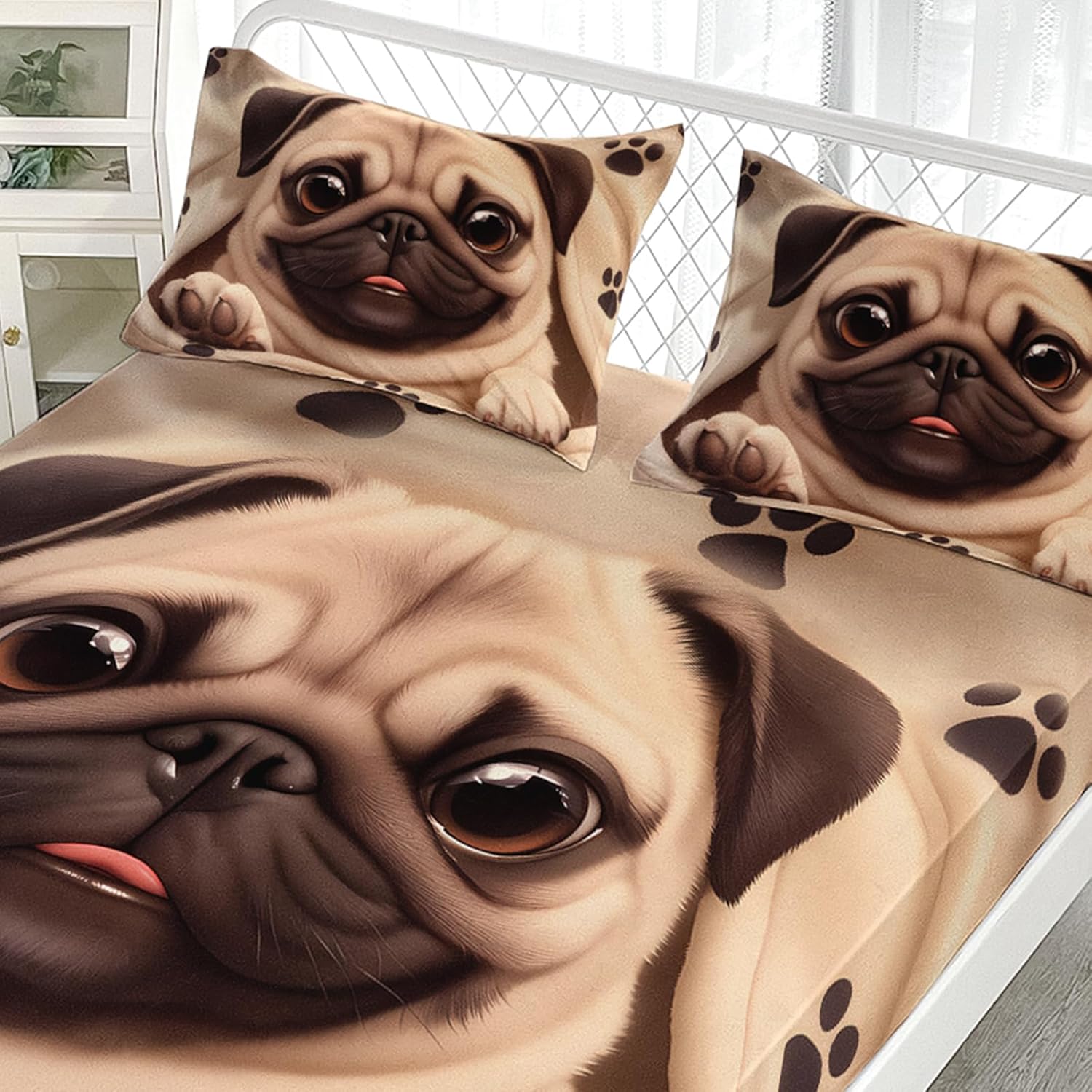 AILONEN Cute Puppy Printed Bed Sheets Set - Twin,Cartoon Pug Dog Bedding Sets - Kawaii Dog Paw Print Fitted Sheet Set for Bedroom Design Decor -3 Pieces, 1 Deep Pocket and 2 Pillowcases