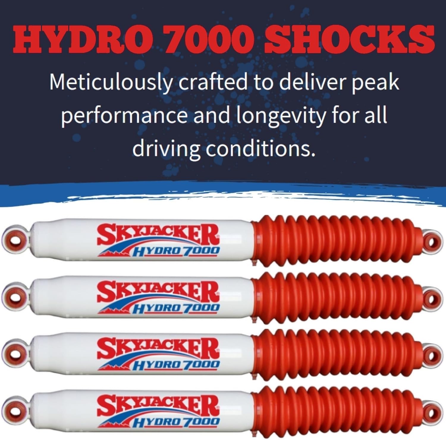 Set of Hydro 7000 Series Front & Rear Hydraulic Action Shocks fits 1976 1986 CJ7 4WD with 0-2.5” Front & 0-1.5” Rear Lift | Durable Construction | Velocity-Sensitive Valving