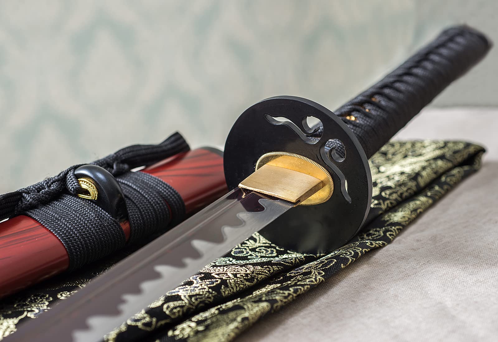 40 Zoll Katana Japanisches Samurai-Schwert Handgeschmiedet, 1060 Kohlenstoffstahl Roter Damaststahl, Echtes Full Tang mit Eisen-Tsuba, Für Sammler und Dekoration