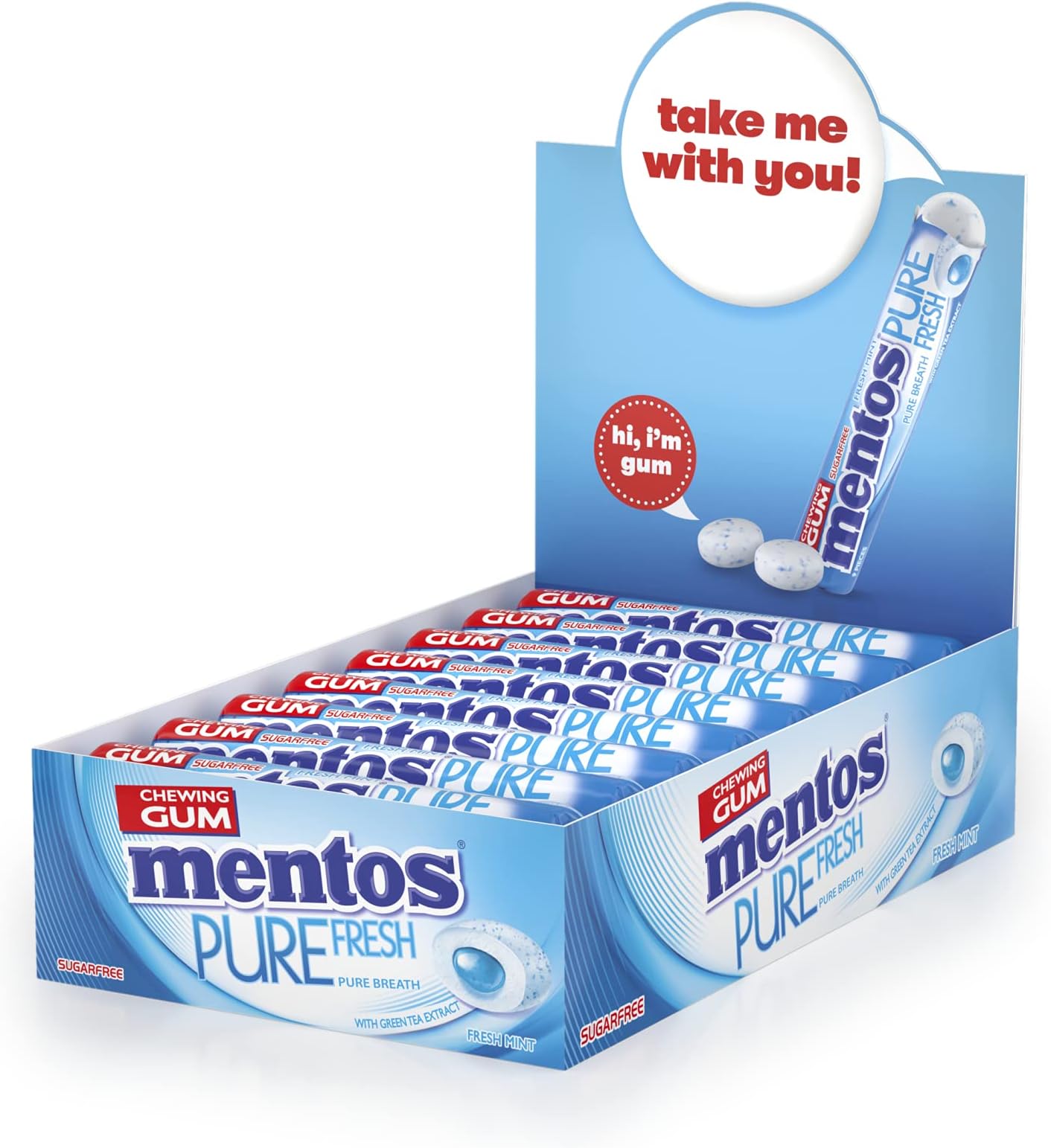 Pure Fresh Sugar Free Fresh Mint With Green Tea Extract Chewing Gum, 16 Rolls x 9 Pieces, 252 gm