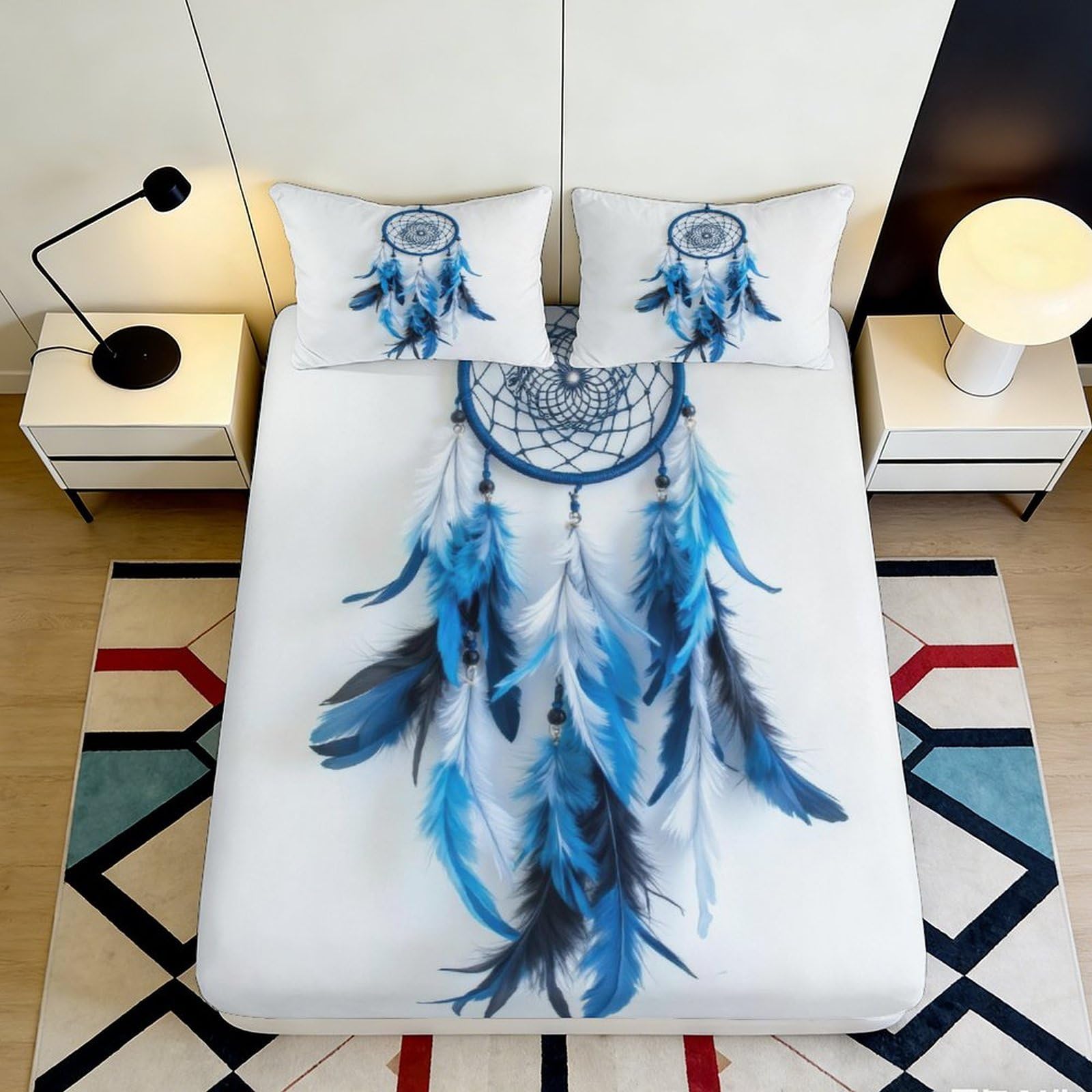 3D Printed Blue Dreamcatcher Fitted Sheet Microfiber Soft Breathable Feather Pattern Bed Cover for Bedroom Dormitory Guest Room Mattress Protection 120x200x25cm