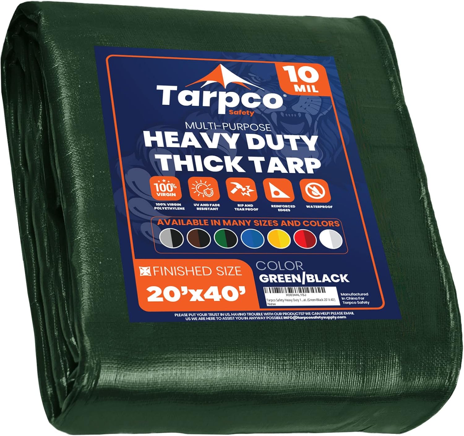 Tarpco Safety Heavy Duty 10 Mil Tarp Cover, Waterproof, UV Resistant, Rip and Tear Proof, Poly Tarpaulin with Reinforced Edges for Camping, Roof, Patio, Pool, Boat. (Green/Black 20 X 40)