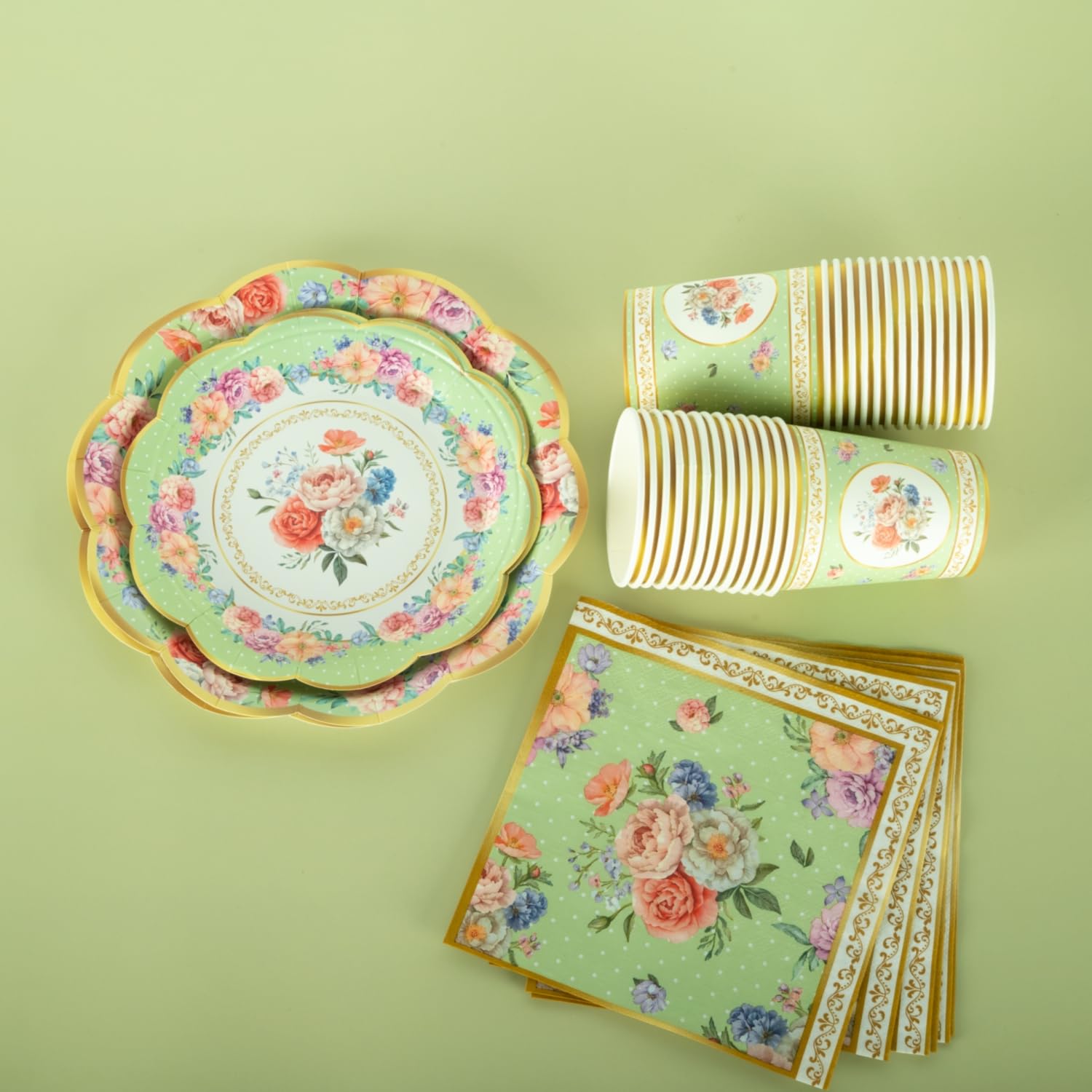 Set da tavola vintage per 30 ospiti, piatti di carta, tovaglioli e tazze da tè, motivo floreale verde, stoviglie di carta in stile britannico classico per giardino, tè pomeridiano, baby shower