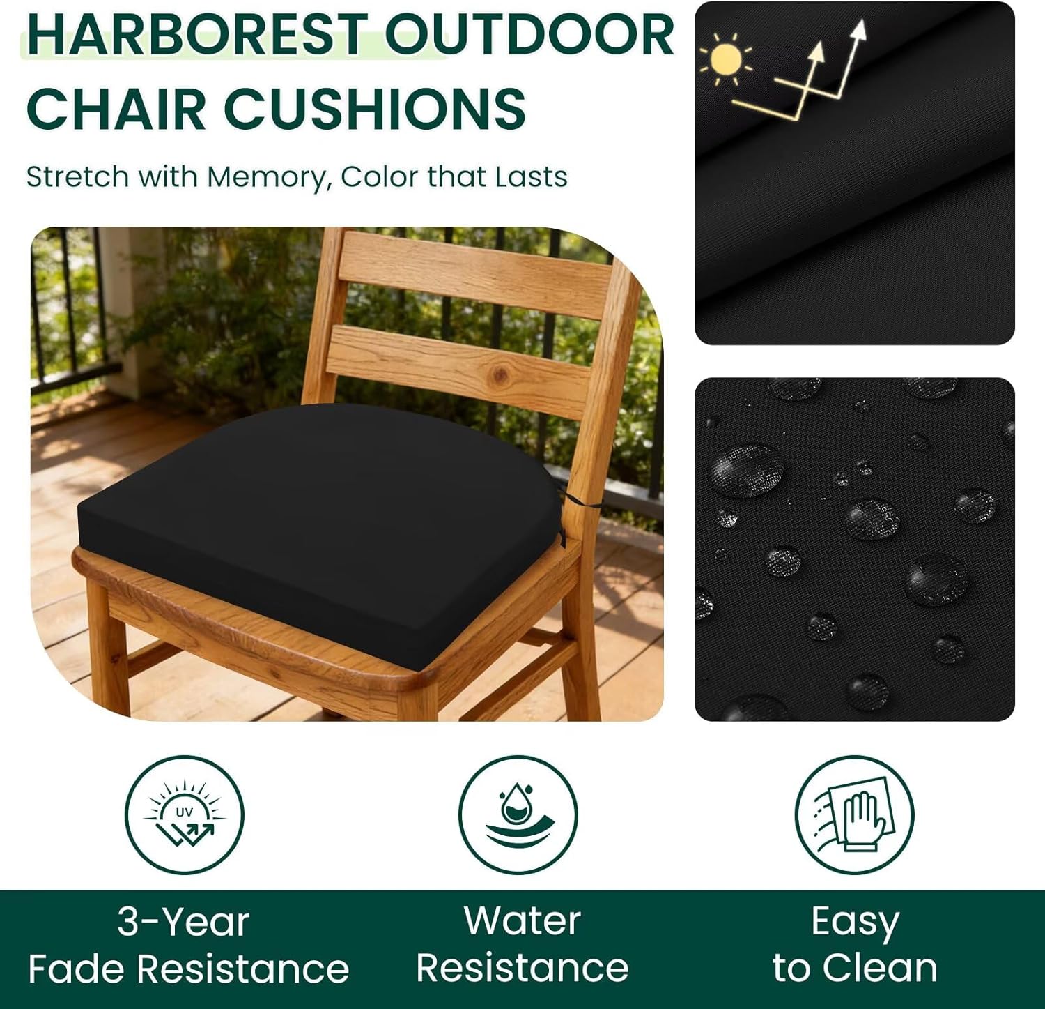 harborest outdoor chair cushions set of 4, water resistant patio chair cushions with ties, outdoor seat cushions for patio furniture, 17"x16"x2", black 17"x16"x2" (4 pack) black
