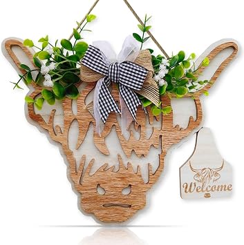 OLMIXA 3D Highland Cow Head Wreath Wooden Sign, Outdoor Welcome Sign