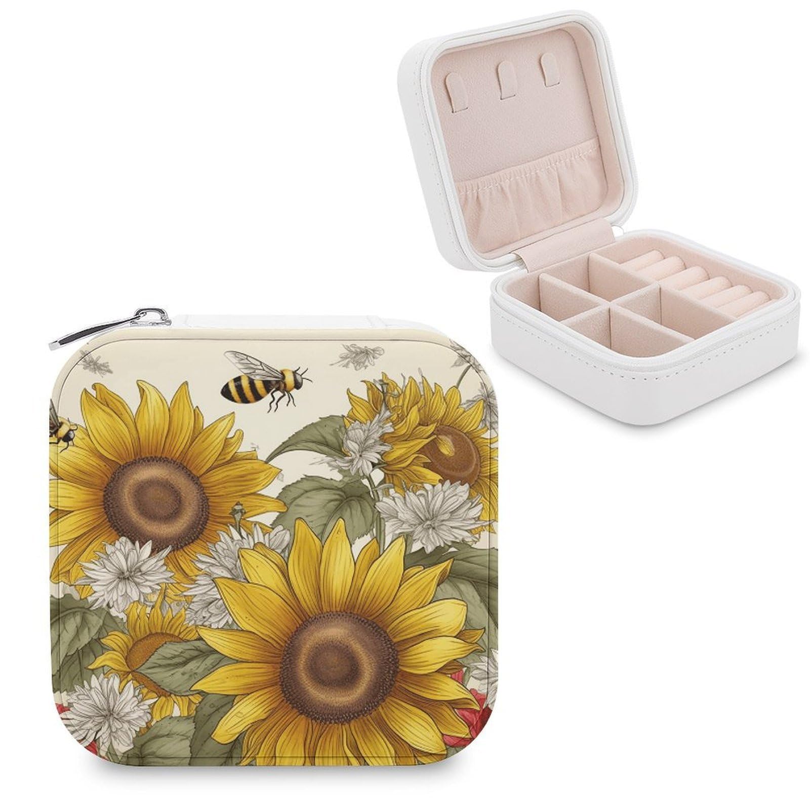 VstaDank Bees Sunflowers Daisy Rose Flowers Travel Jewelry Case Zipper Portable Small Jewelry Box Custom Pu Leather Mini Traveling Jewelry Organizer for Rings Earrings Necklace Bracelet Girls Women