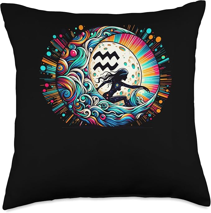 Aquarius Surfer Silhouette With Celestial Background Throw Pillow