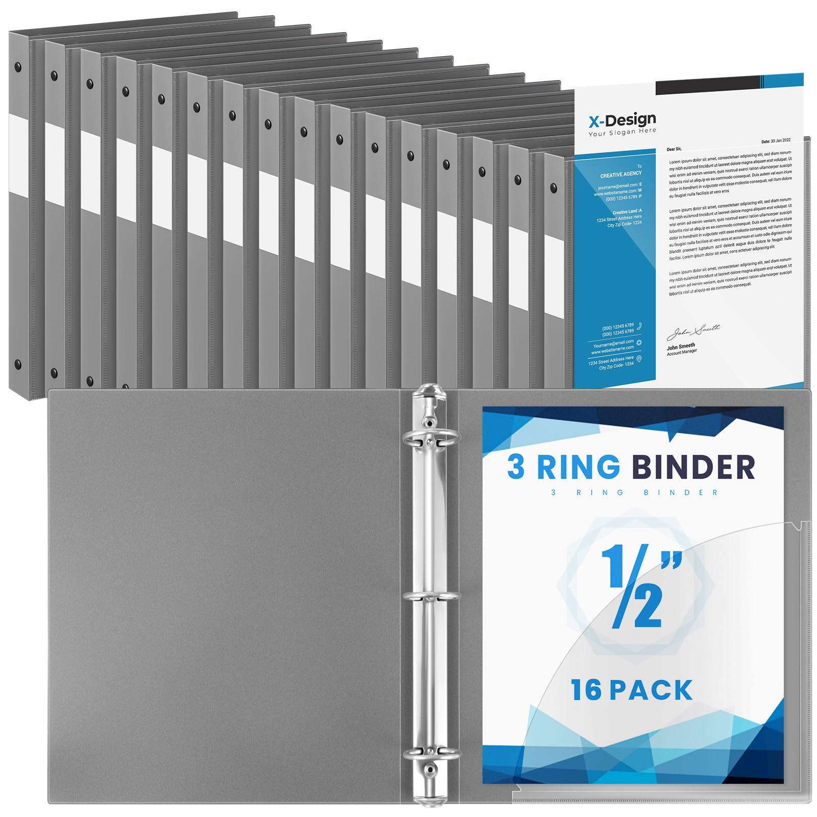 Henoyso 16 Pack 1/2 Inch 3 Ring Binder with Clear Cover Fit Letter Size 8.5" x 11" Paper Holds 140 Sheets, Bulk Binders for Organizing School, Office &amp; Classroom Documents, 1 Pocket (Gray)