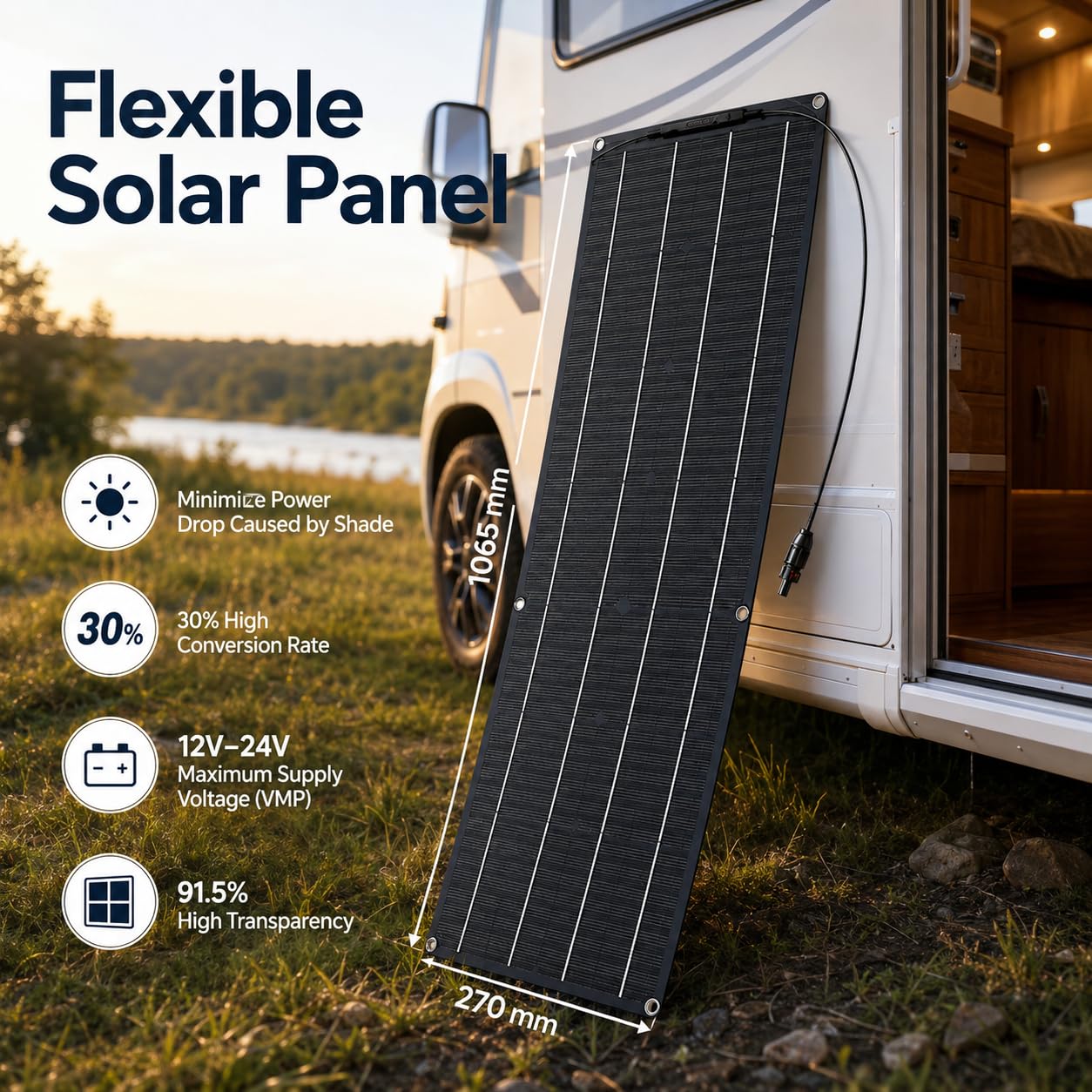 Kit pannello solare monocristallino flessibile da 500 W, controller 40 A, 12 V/24 V | Design ultrasottile con 6 punti di fissaggio rinforzati per roulotte, camper, barche, rimorchi e uso domestico.