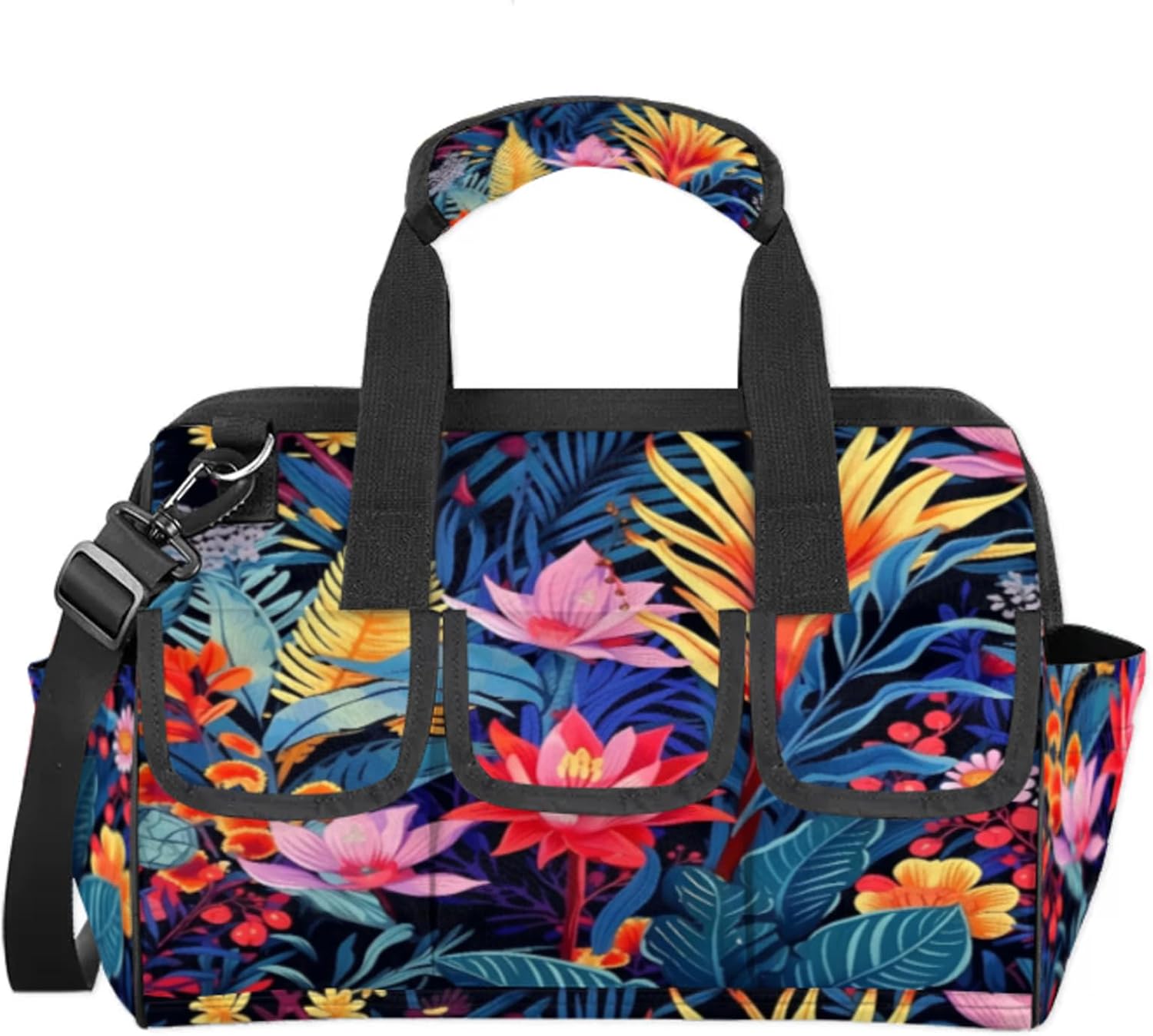 Colorful Floral Heavy Duty Tool Bags for Men and Women 14.8 Inch, Soft Wide Mouth Tool Tote Organizer Bag with Adjustable Shoulder Strap