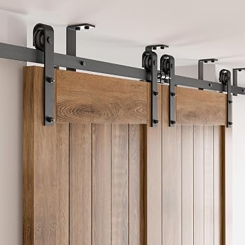 CCJH 8FT Ceiling Mount Sliding Barn Door Hardware Kit Black Low Ceiling L-Shape Bracket System, Fit 24" Wide Double Door Panel Basic Style