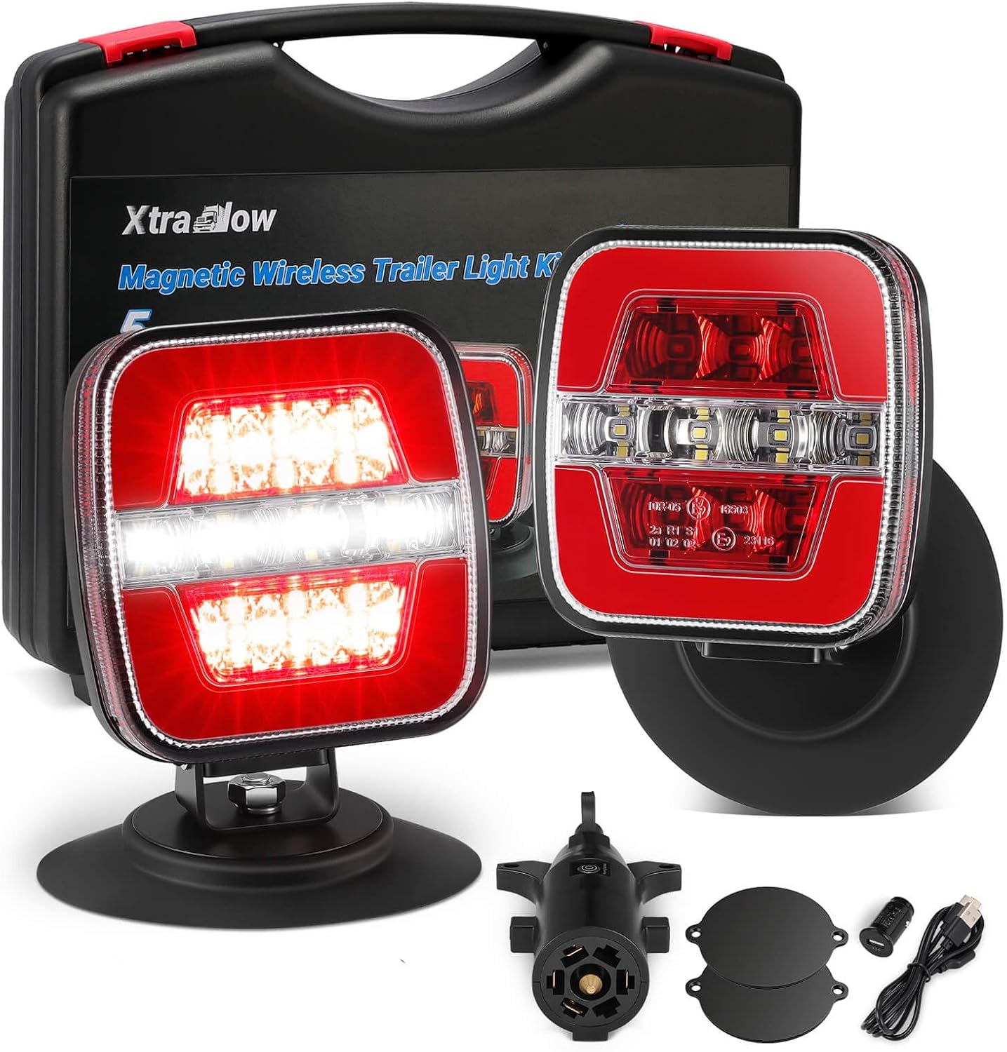 Wireless Trailer Lights Kit for Truck 12-24V Work as Stop Turn Running Backup Reverse Red w/ 7 Pin Plug Dual USB Cable Charger