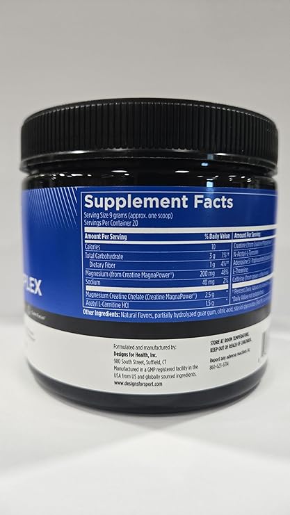 Designs for Sport Workout Complex - NSF Certified for Sport Pre Workout Powder - L-tyrosine, Acetyl L-Carnitine, Creatine & Caffeine to Support Workout Recovery, Energy and Focus (6.3 oz)