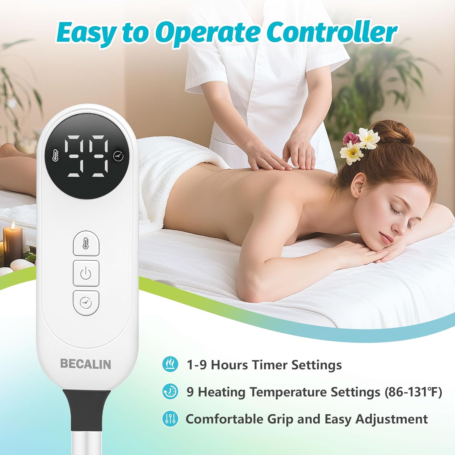 massage table warmer heating pad professional spa massage bed warmer with 9 hour timer, 9 heat settings, overheat protection for massage bed & spa, 30" x 71", with portable storage bag 9 heating/9h timer