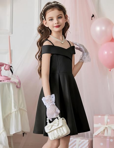 Arshiner Girls Summer Dress Off Shoulder Fold Pleated Formal Elegant A-Line Party Dresses with Pocket - 2