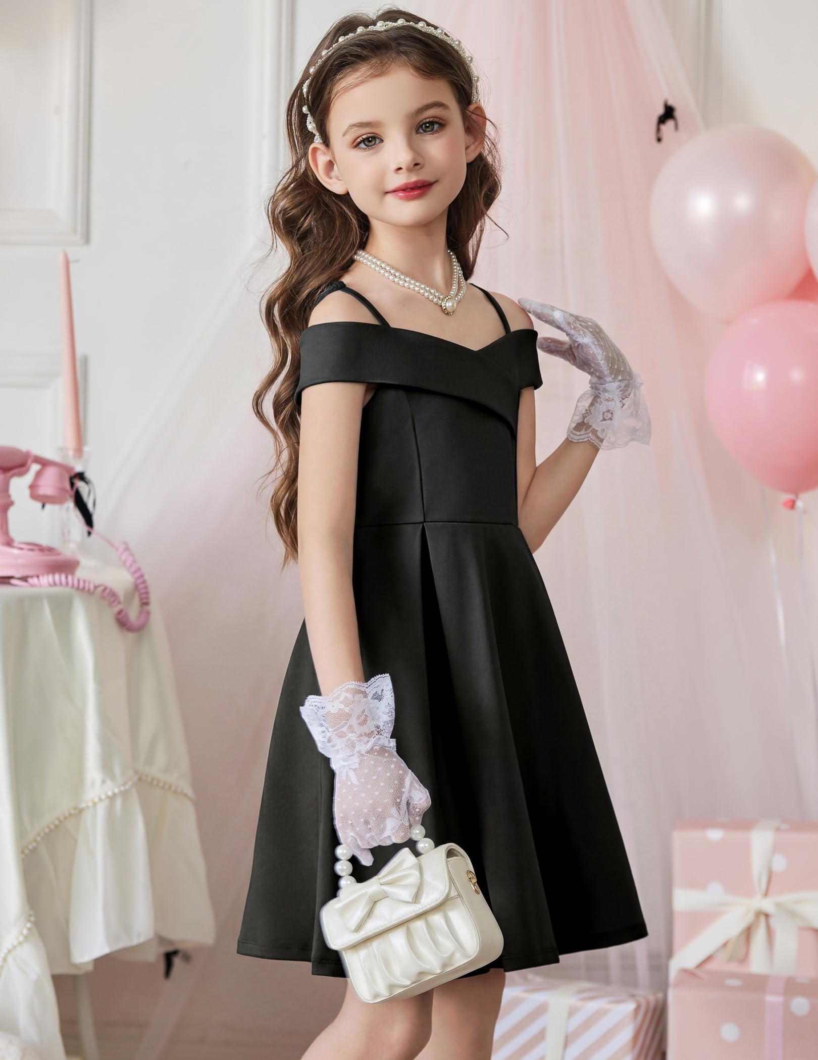 Arshiner Girls Summer Dress Off Shoulder Fold Pleated Formal Elegant A-Line Party Dresses with Pocket — view 2