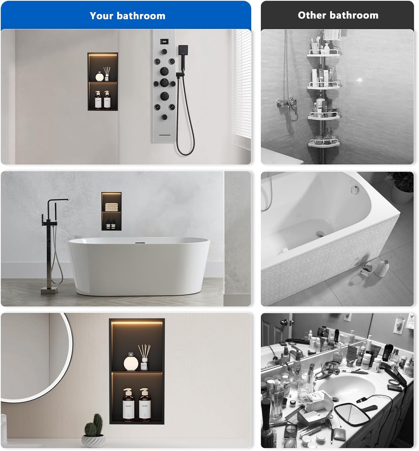 QAOYEDE 24"x12" Stainless Steel Shower Niche 2-Tier Shelf, Matte Black with Waterproof LED Light, No Tile Needed Recessed Wall Organizer for Bathroom