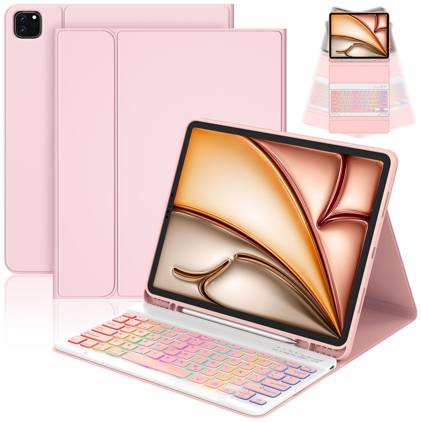 CC Store Teclado para iPad Air 13 Pulgadas M3 2025/M2 2024, iPad Pro 12,9 Pulgadas 6/5 Gen, Teclado Bluetooth magnético extraíble con iluminación de 7 Colores y Soporte para lápiz,distribución QWERTZ Global Recycled Standard Global Recycled Standard Global Recycled Standard