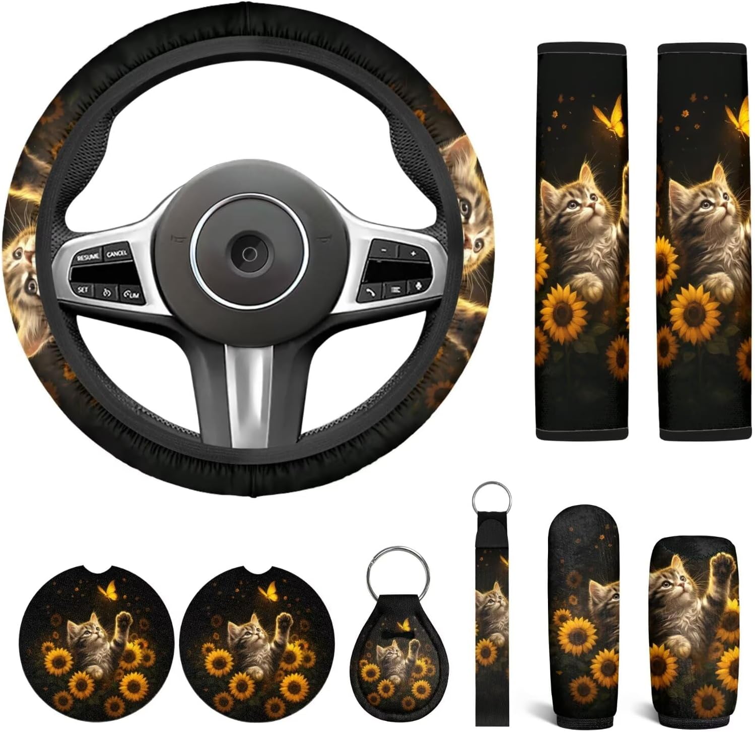 Cat Sunflower Car Accessories Set of 9 Car Steering Wheel Cover Set Cute Cat Print Seat Belt Pads Cover Cup Holder Coasters Keychain Steering Wheel Protective Universal Fit