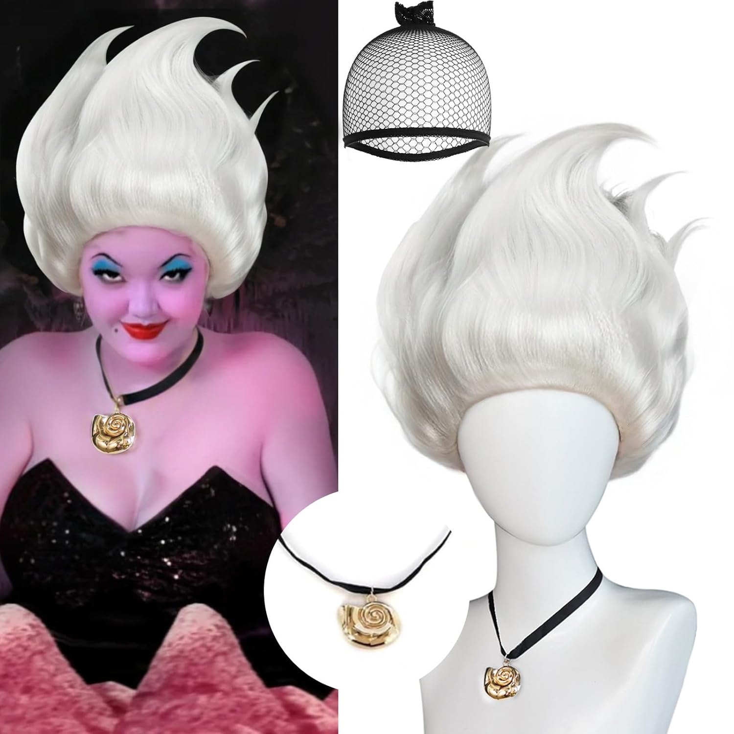 JoneTing UnderSea Witch Wig?+Hair Cap+Shell Necklace? Short White Wigs Layered Silver Cosplay Wigs for Halloween Peluca Blanca Plateada Silver White Hair for Anime Cosplay Party