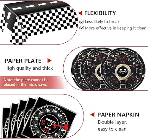 Vista 4 de 41 piezas de decoraciones para fiesta de cumpleaños de autos de carreras, juego de vajilla para fiesta Start Your Engines con mantel a cuadros