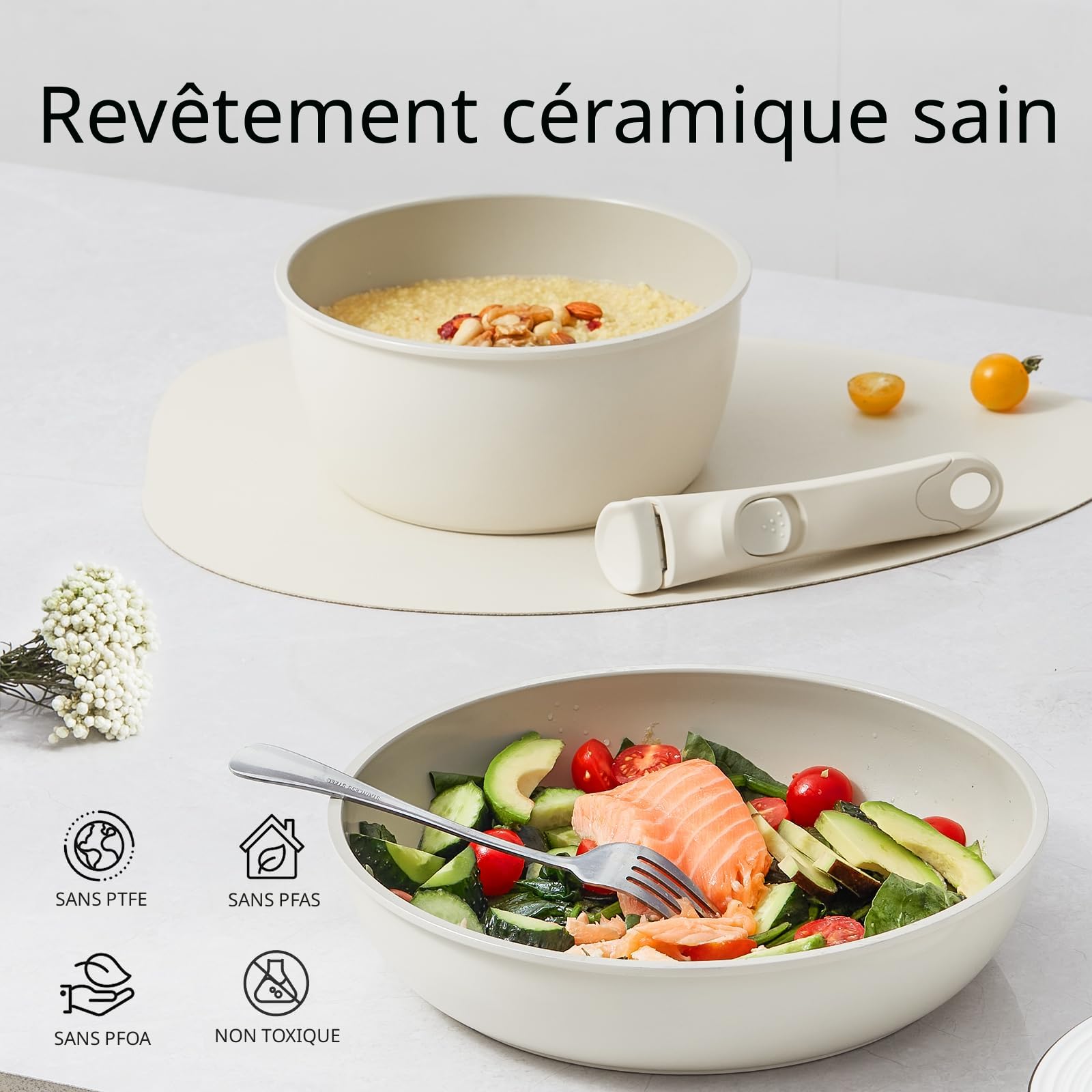 Set Casseroles 5 Pièces Florosa - Antiadhésif Céramique - Poignée Amovible - Compatible Induction - Rose