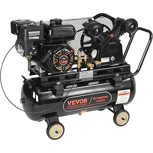 VEVOR 13.2 Gallon Gas Powered Air Compressor, 7HP 9CFM@115PSI Air Compressor Tank on Wheels, Gas Driven Piston Pump Air Compressed System with 115PSI Maximum Pressure for Workshop Construction Sites