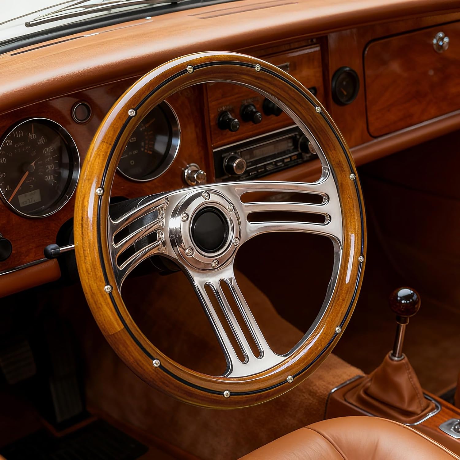 14inch Solid Wood Steering Wheel 350mm Chrome-Plated Aluminum Alloy Spokes, Real Wood Grip, 6-Bolt 3 Spoke Fit for Cars,Vintage Car Classic Car – 70mm Deep Dish Universal Steering Wheel