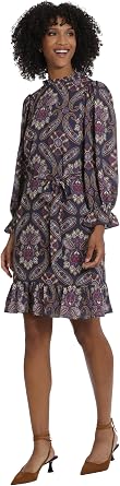 Maggy London Womens Long Sleeve Ruffle Mock Neck Dress with Waist Tie