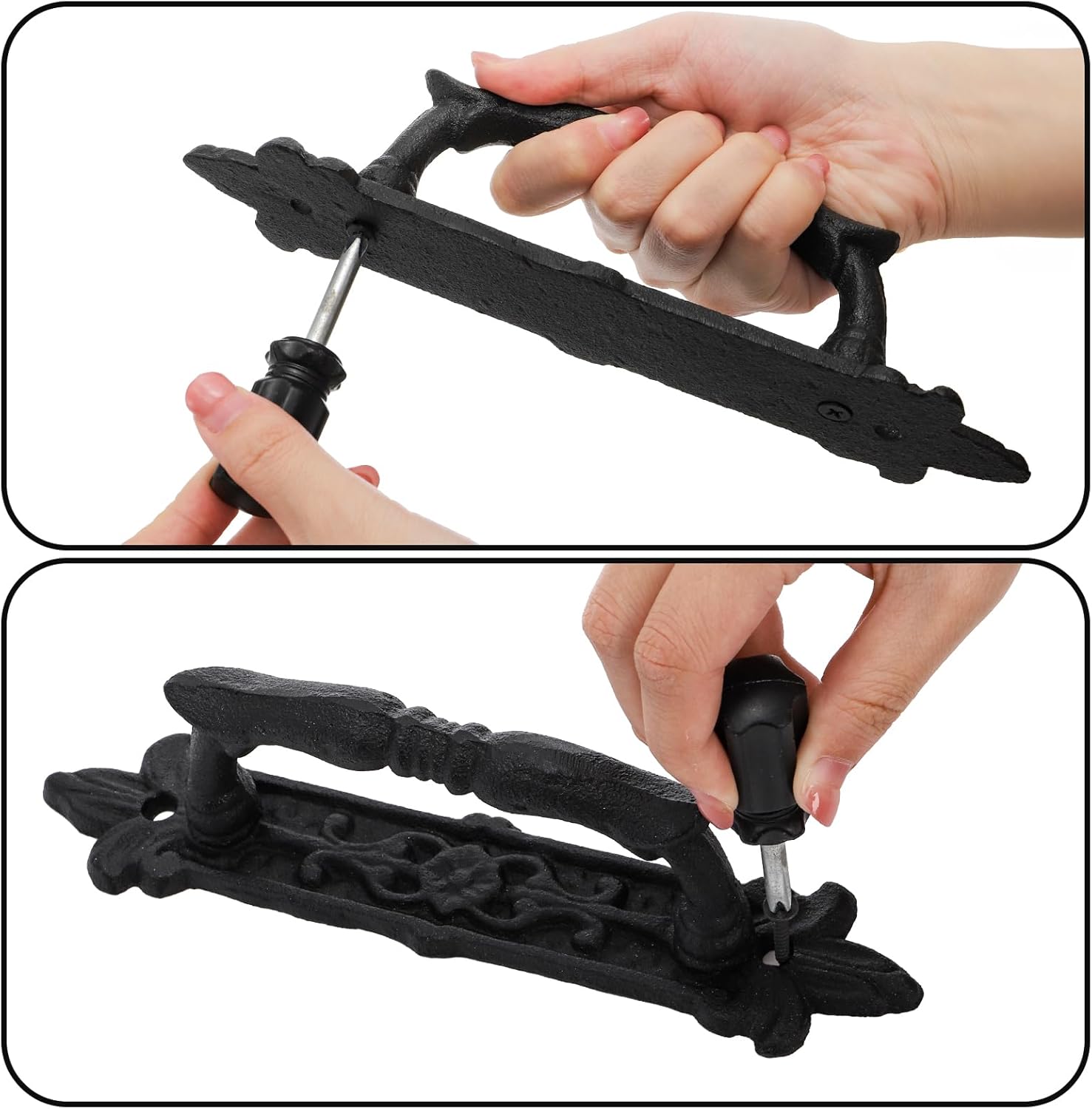 Peohud 2 Pack Heavy Duty Barn Door Handle, 9 Inches Cast Iron Rustic Gate Handle, Antique Black Carved Door Pull for Garages Sheds Closet Drawer Cabinet Fence Outdoor Farmhouse