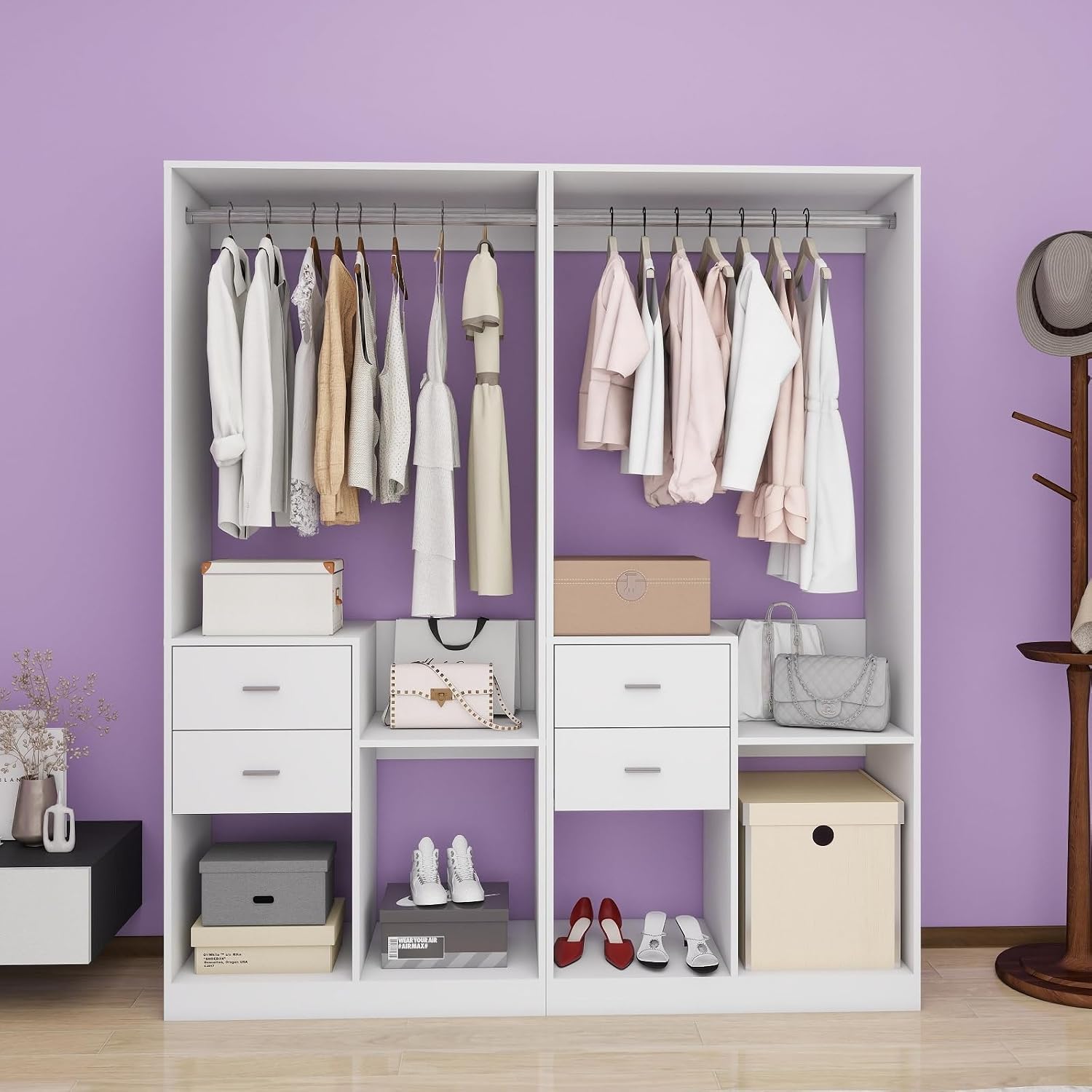 Freestanding Closet System - Standalone Closet Organizer with 2 Drawers, Hanging Rod, and Shelves, Closet System for Walk-in Closets, White, 31.5" x 16" x 71".