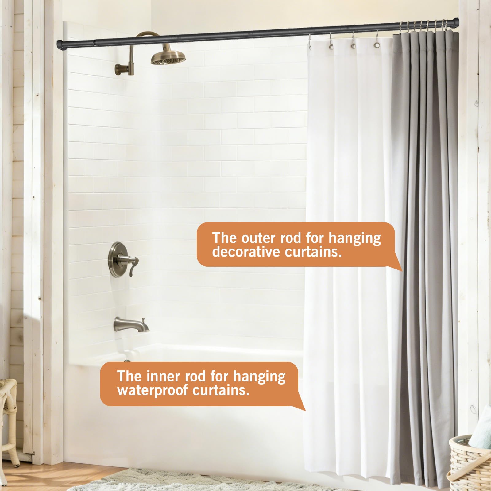 Tringle de douche double murale réglable 68 à 228 cm, noire antirouille pour séparation zone sèche/humide, installation simple pour salle de bain