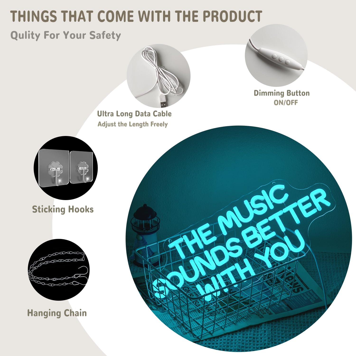 "The Music Sounds Better With You" Insegna al neon musicale per decorazione da parete Lettera LED Neon Sign Blue Led Neon Light per camera da letto Studio Record Shop Decorazione