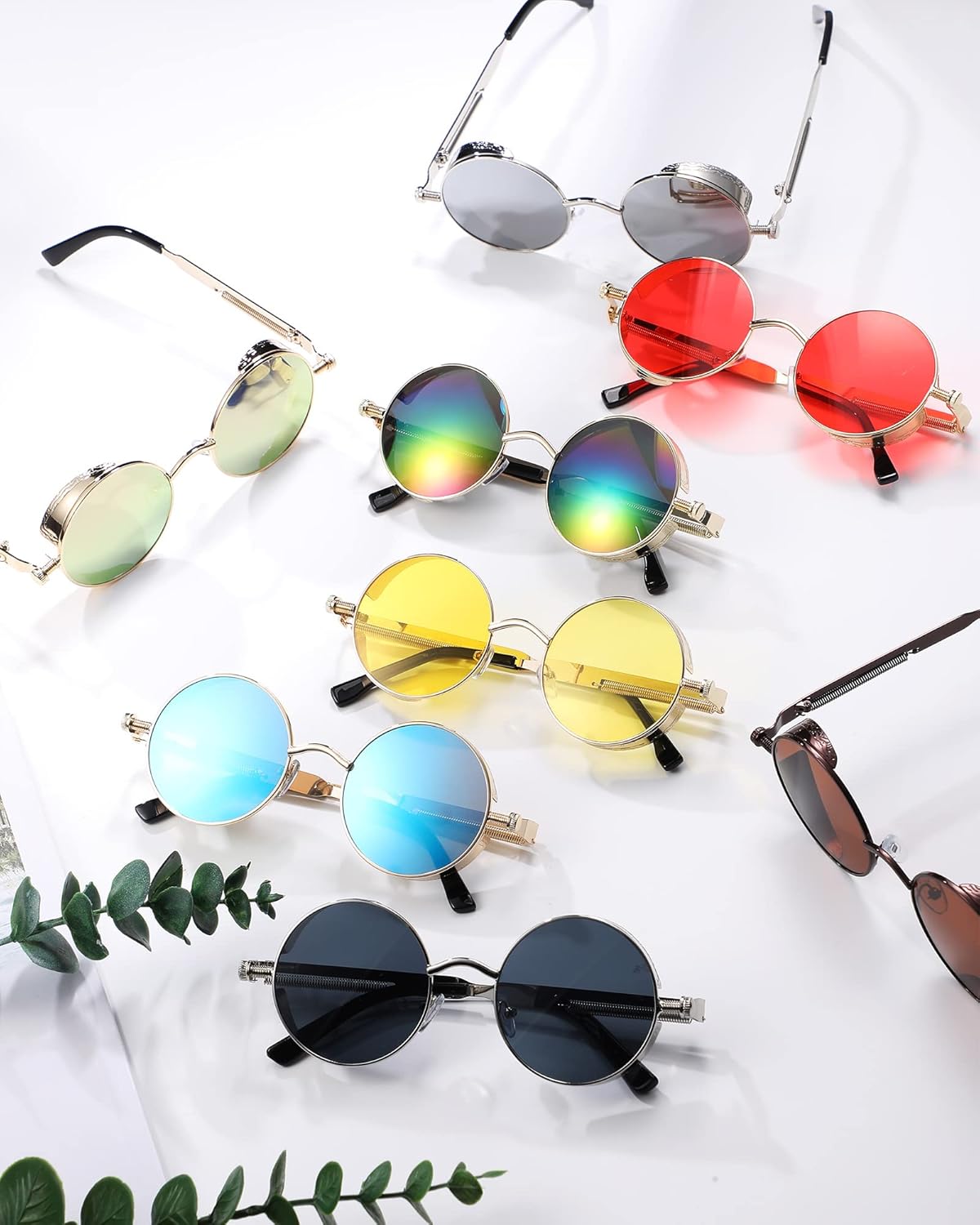 Coume 8 Pcs Retro Round Steampunk Sunglasses Gothic Sunglasses Hippy Glasses Circle Metal Frame Glasses for Men Women