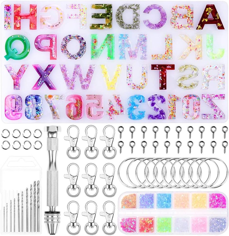 Alphabet Silicone Resin Molds, Paxcoo Backward Letter Number Epoxy Molds Keychain Resin Jewelry Molds with Keychains Resin Drill for Resin Casting Making Keychain