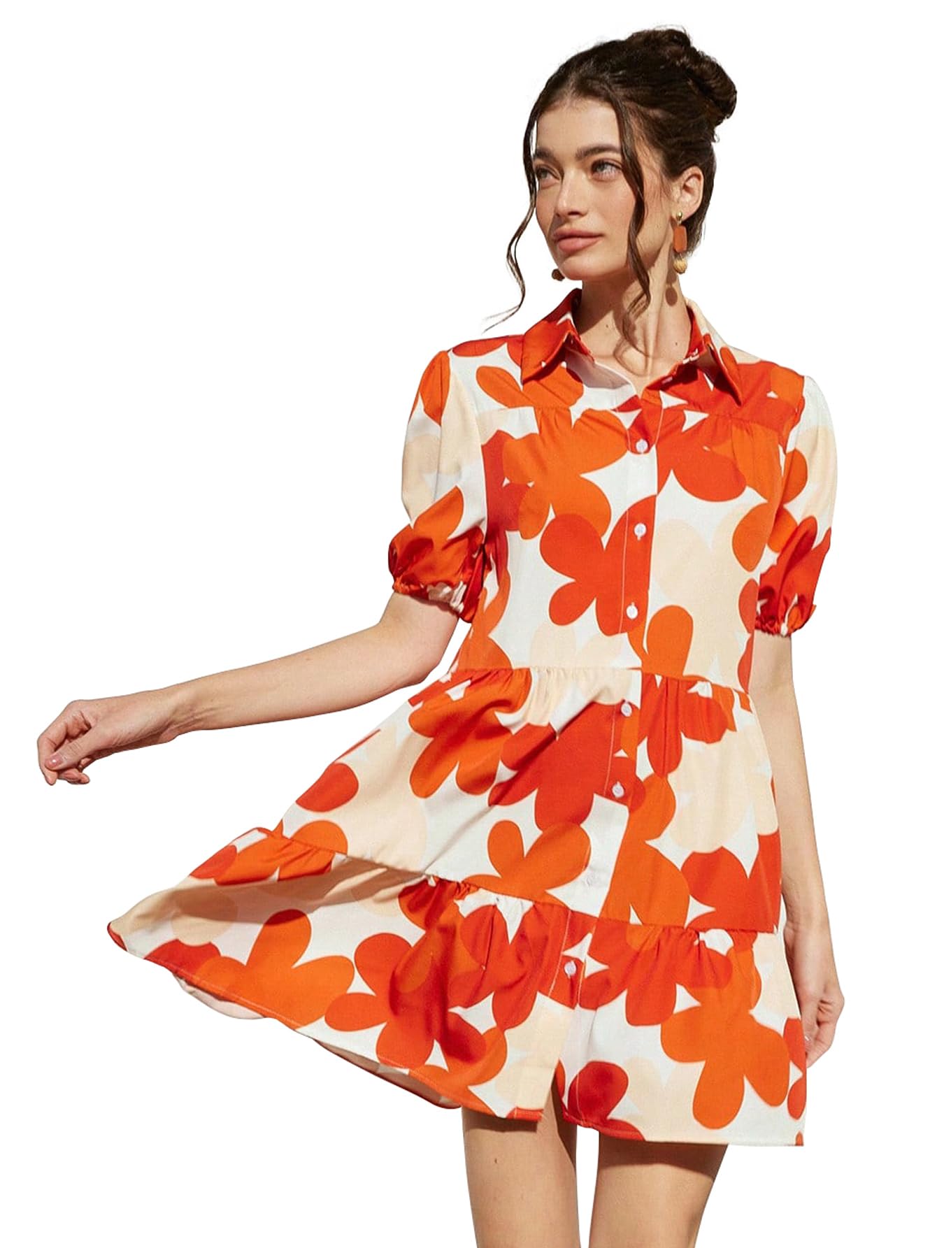 Shasmi Women's Rust Orange Flower Print Short Sleeve Button Front All-Over Printed Dresses, Ruffle Hem Smock Dress For Woman (161 Dress Rust Orange-L)