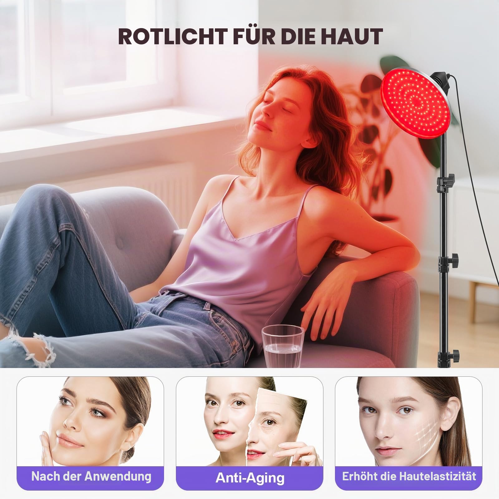 Profey Rotlichtlampe 660nm, 120 LEDs, Timer | Breitspektrum 660nm Tiefeninfrarot, 30-60°C, 10–30 Min Timer, Höhen 58–116cm