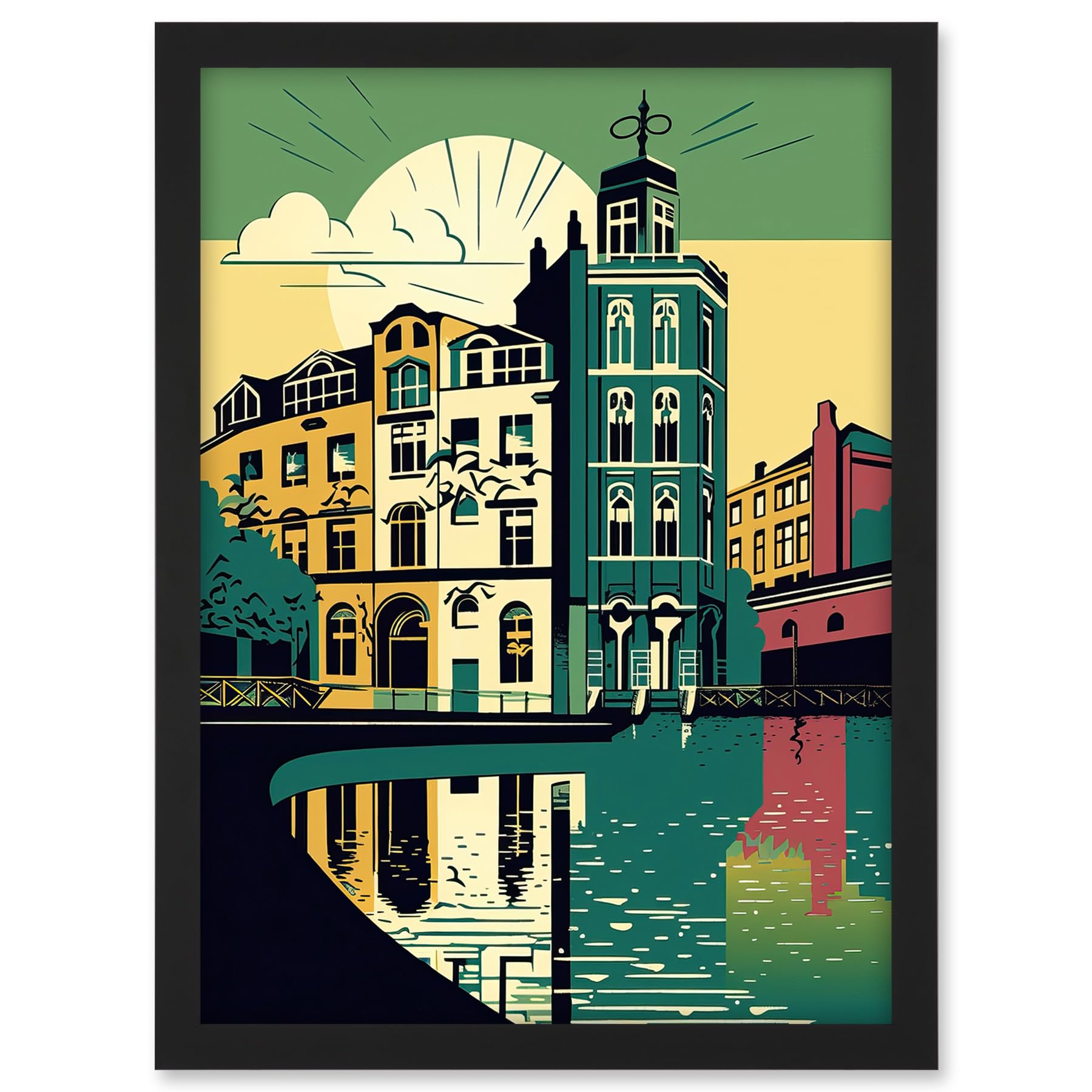Artery8 Leeds City Architecture Waterfront Illustration Artwork Framed A3 Wall Art Print