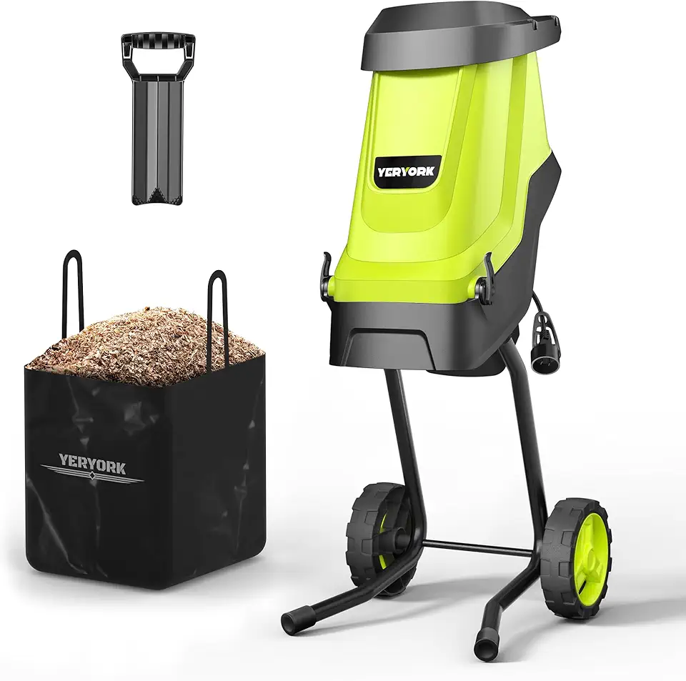 Yeryork Picador de madeira, triturador e triturador elétrico de madeira de 15 Amp 4,6 cm de diâmetro com bolsa de coleta de 50L, Mulcher eficiente para limpeza fácil e ideal para resíduos de quintal