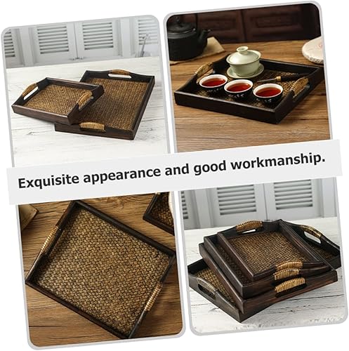 Miniatura 5 de BUGUUYO Bandeja de ratán tailandés, bandeja de té de madera, bandeja rectangular para servir, bandejas de madera, bandejas de madera, bandeja de