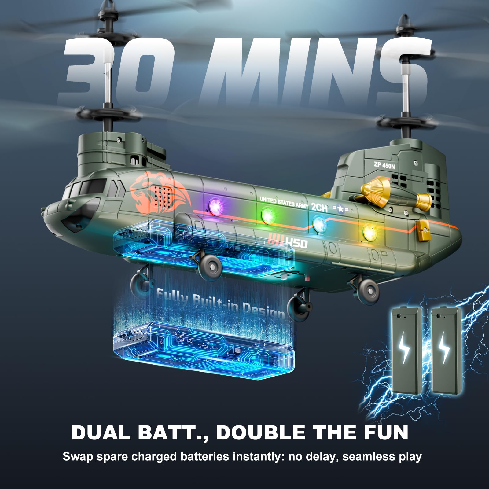 XIKOTEC Helicóptero Teledirigidos, Helicoptero RC con Luz y 2 Baterías, Helicóptero de Control Remoto con Mantenimiento de Altitud y Luz LED, Transporte Militar para Fanáticos del ejército
