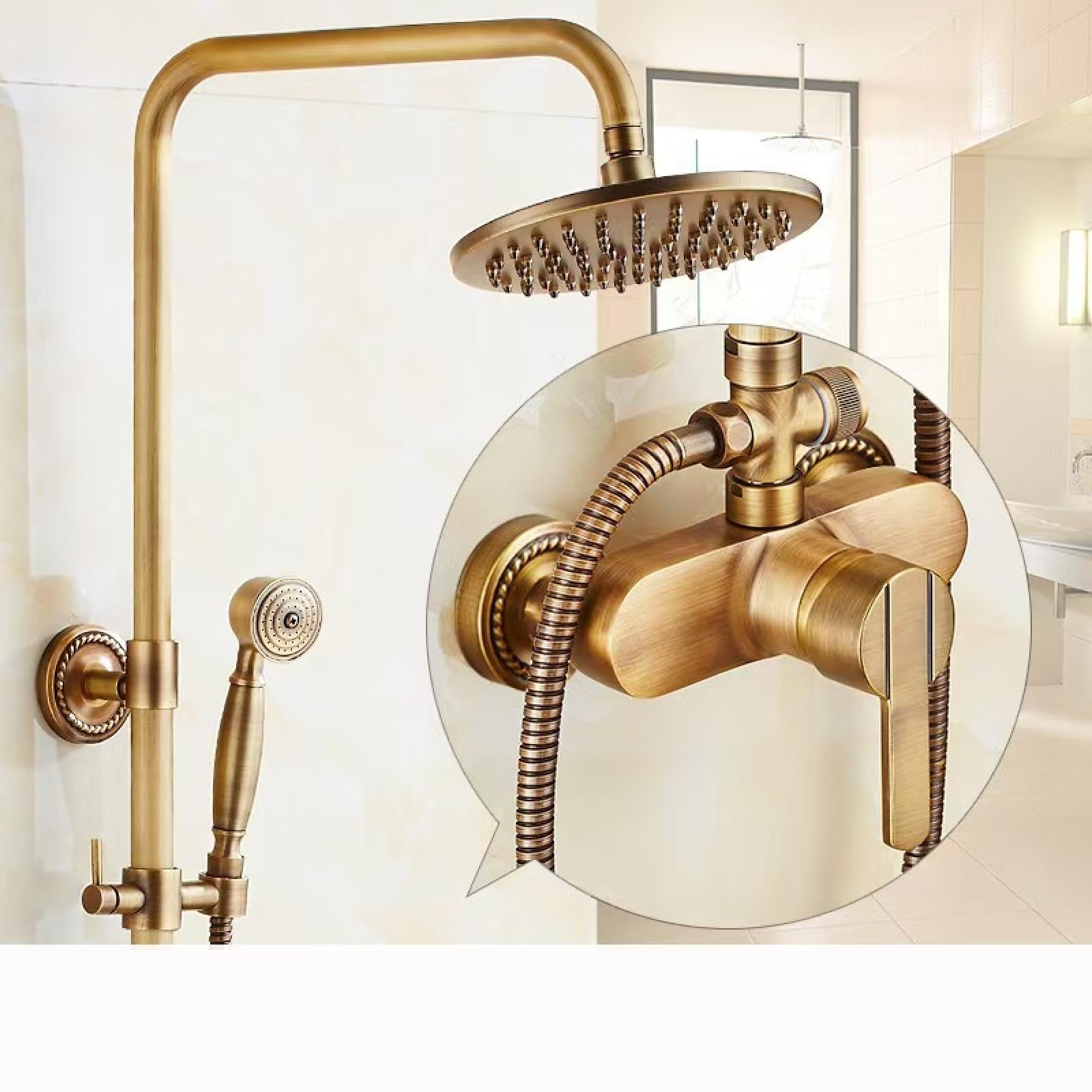 Fanjubei Women's Seven-Character Tube - Four Directions Gemstone All-Copper Antique-Style Shower And Shower Set Shower Faucet With Seven-Pipe - Square Gemstone Style