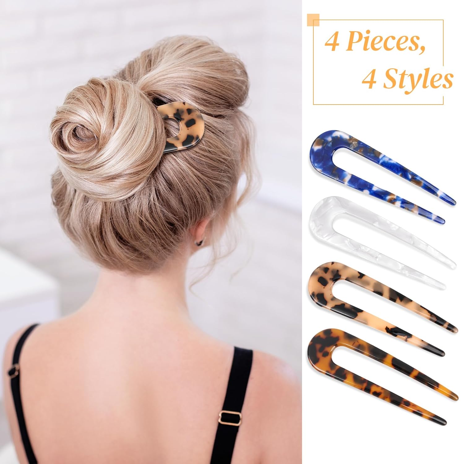 4Pcs French Hair Forks, Sublaga U Shaped Hair Pins Clips, 3.86 inch Classic Cellulose Acetate Women Vintage Hairstyle Accessories image 2