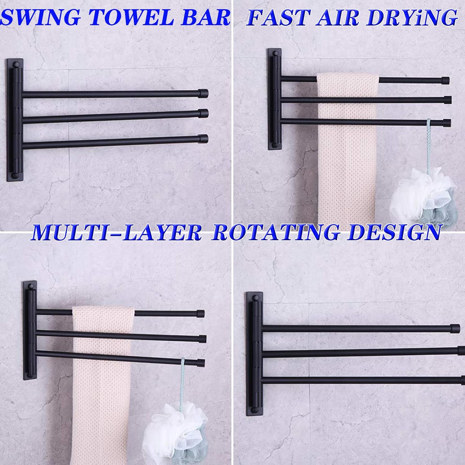 GERZWY Bath Towel Holder Swing Out Towel Bar SUS 304 Stainless Steel Bathroom Hand Towel Rack 3-Bar Folding Arm Swivel Hanger Wall Mount Matte Black HYG03-BK