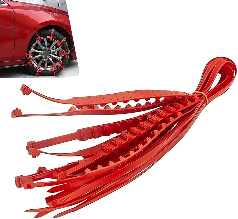 10 PCS Car Tire Snow Chains, Adjustable Serrated Zip Tire Snow Straps, Emergency Non-slip Cadenas Para Llantas Para Nieve, Universal for Most Cars (Red)