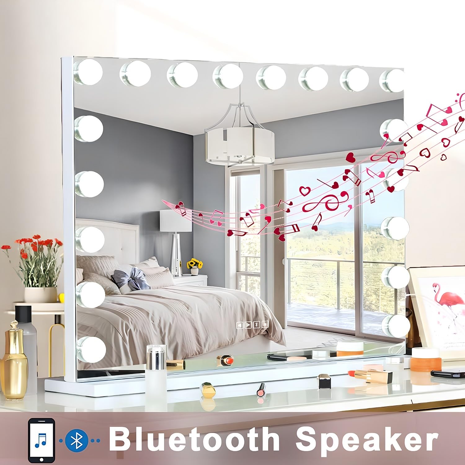 SANTAWOOD Vanity Mirror with Lights and Bluetooth Speaker, 31.5''x22.8'' Hollywood Makeup Mirror with 18 Dimmable LED Bulbs, 3 Color Modes, USB Charging Port, Detachable 10X Magnification