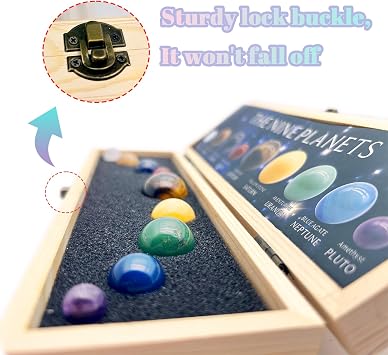 Handcrafted Solar System Model 9 Planets Natural Gemstones Sphere,Gemstone Planets with Wooden Box,Solar System Gems Decor Astronomy Gifts,Planet Gift for Astronomy Enthusiasts