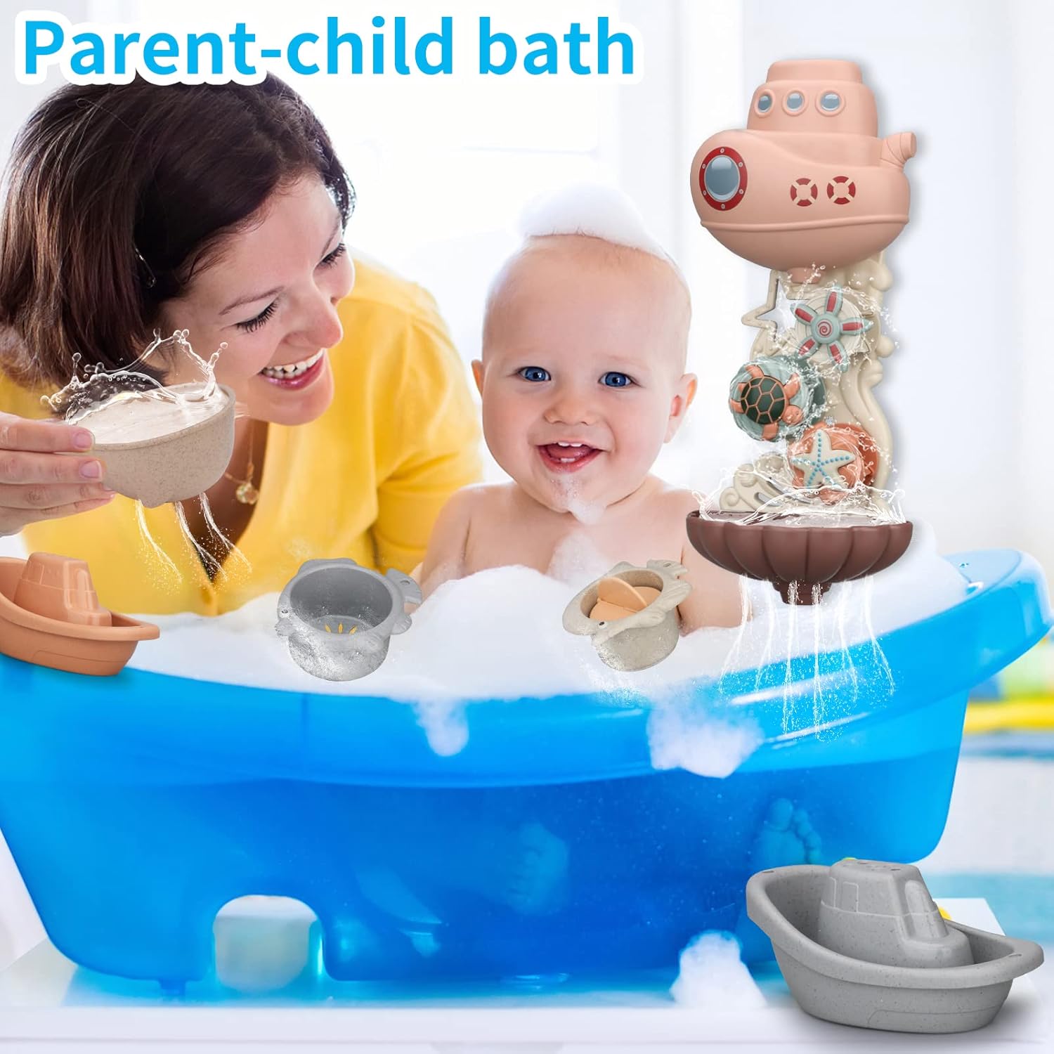 Toddler Bath Toys for Kids Ages 1-3 | 9PCS Bathtub Mold Free Bath Toy for Babies | Infants Bath tub Toys with 2 Shark Shower & 2 Toy Boats & 4 Baby Cup | Water Table Bath Toys for Babies 6-12 Months Bath Set image 6 of 7 B09WGR6NZX