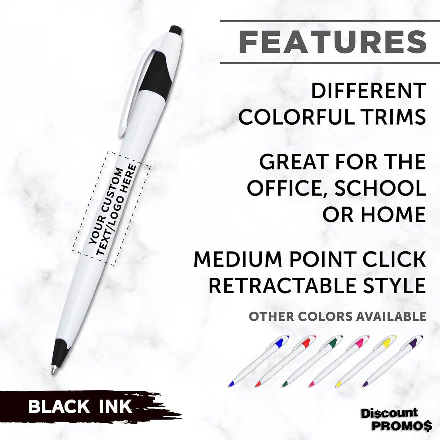 Personalized Ballpoint Pens Set of 10/50/100 by DISCOUNT PROMOS- Black Ink, Slim & Curvy Design, Retractable, Ideal for Office, Corporate Merchandise, Tradeshows- Black